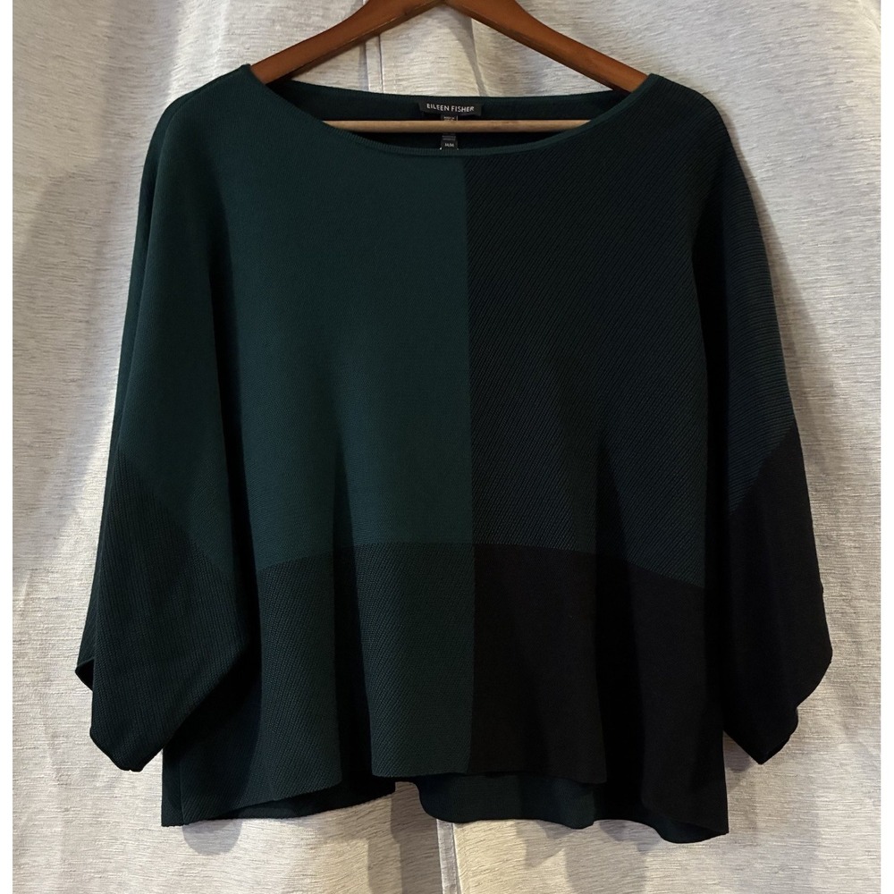 Eileen Fisher Pine Sleek Tencel Bateau Neck Top Colorblock F8AAH-W4762M Medium